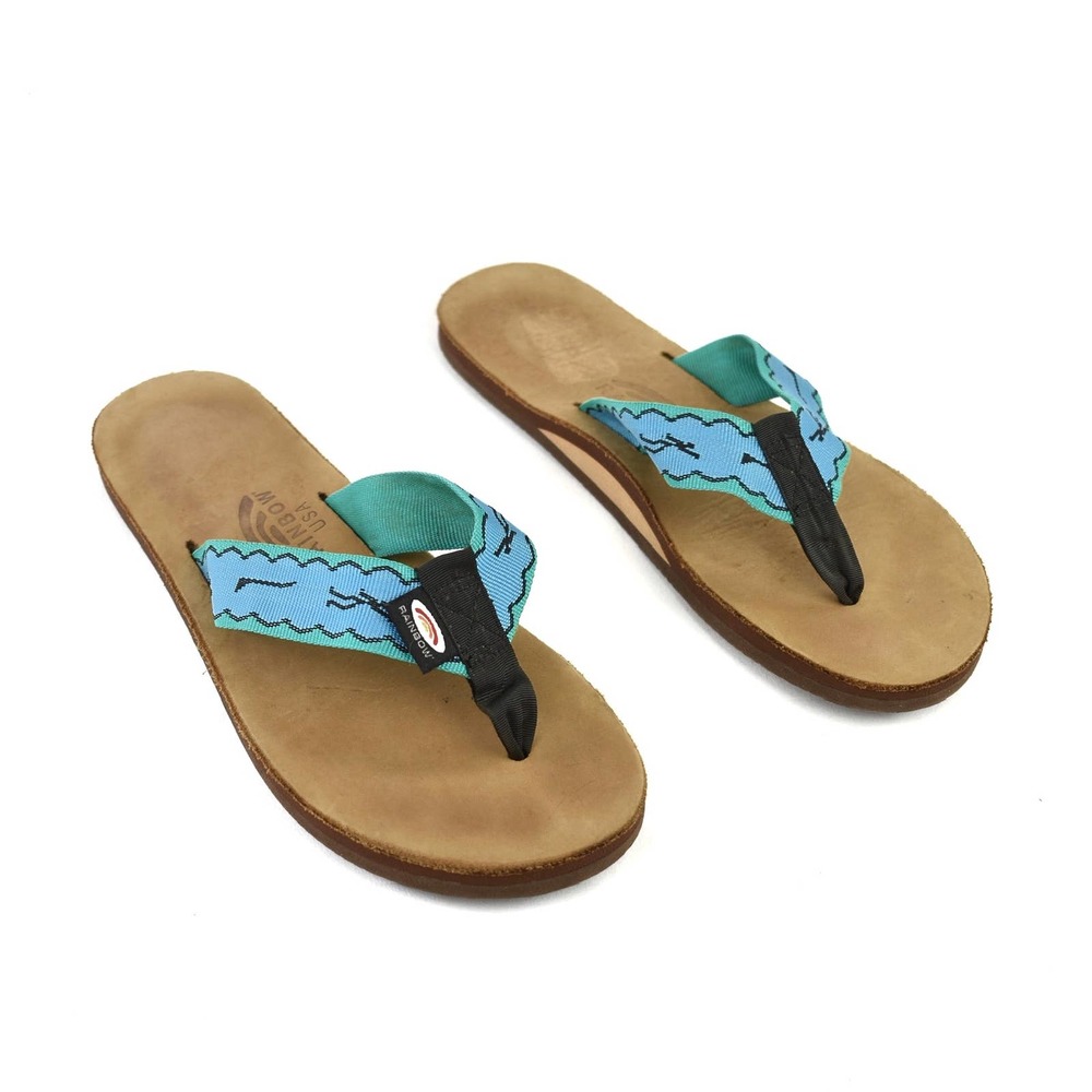Rainbow Sandals Women’s Blue & Green Nylon Strap Flip Flops Vintage Size 10